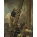 George Morland (British, 1763-1804) The busy deck of a ship with a sailor scaling the rigging
