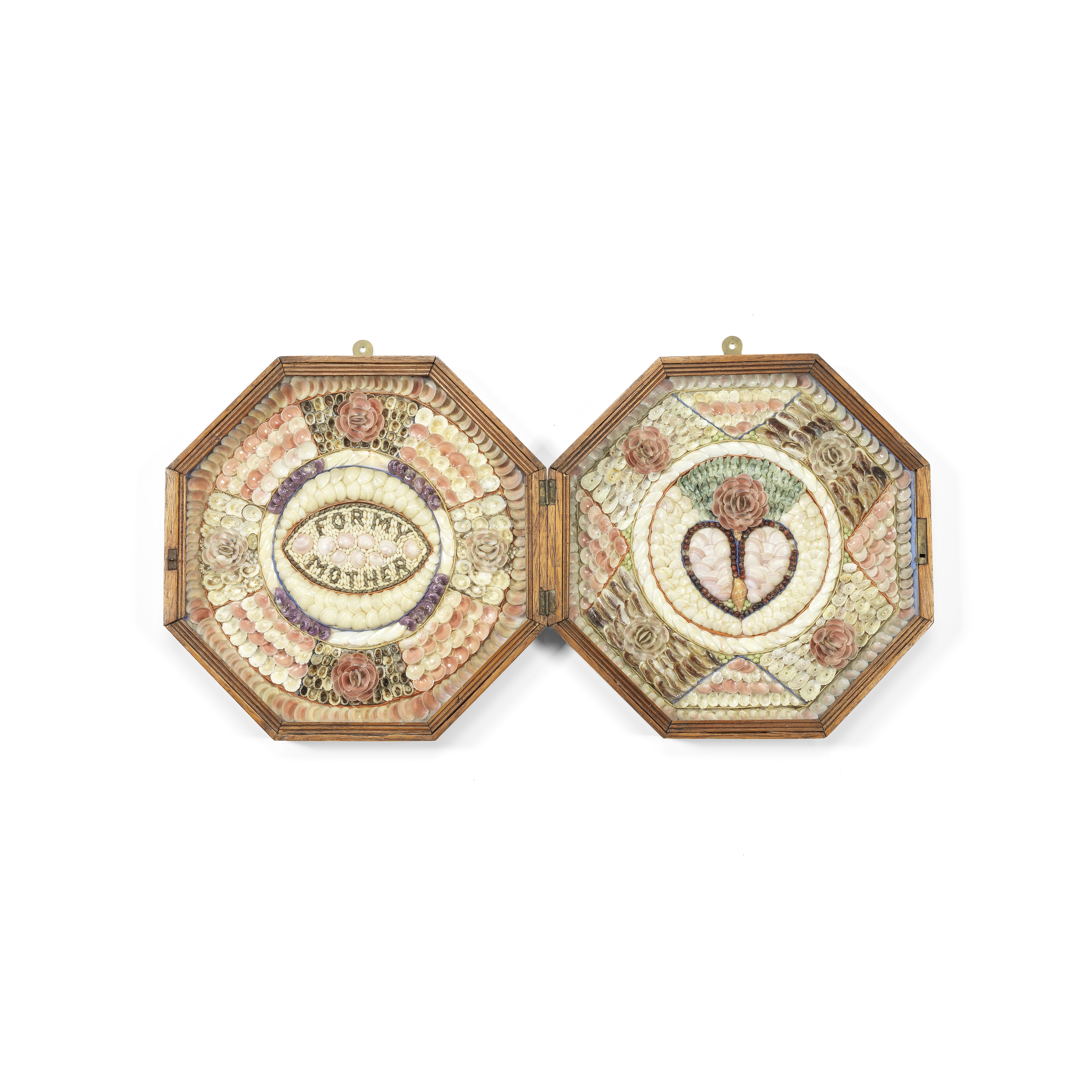 A SHELL-WORK SAILOR'S DOUBLE VALENTINE, 'FOR MY MOTHER', 19TH CENTURY, 12in (30.5cm) wide when cl...