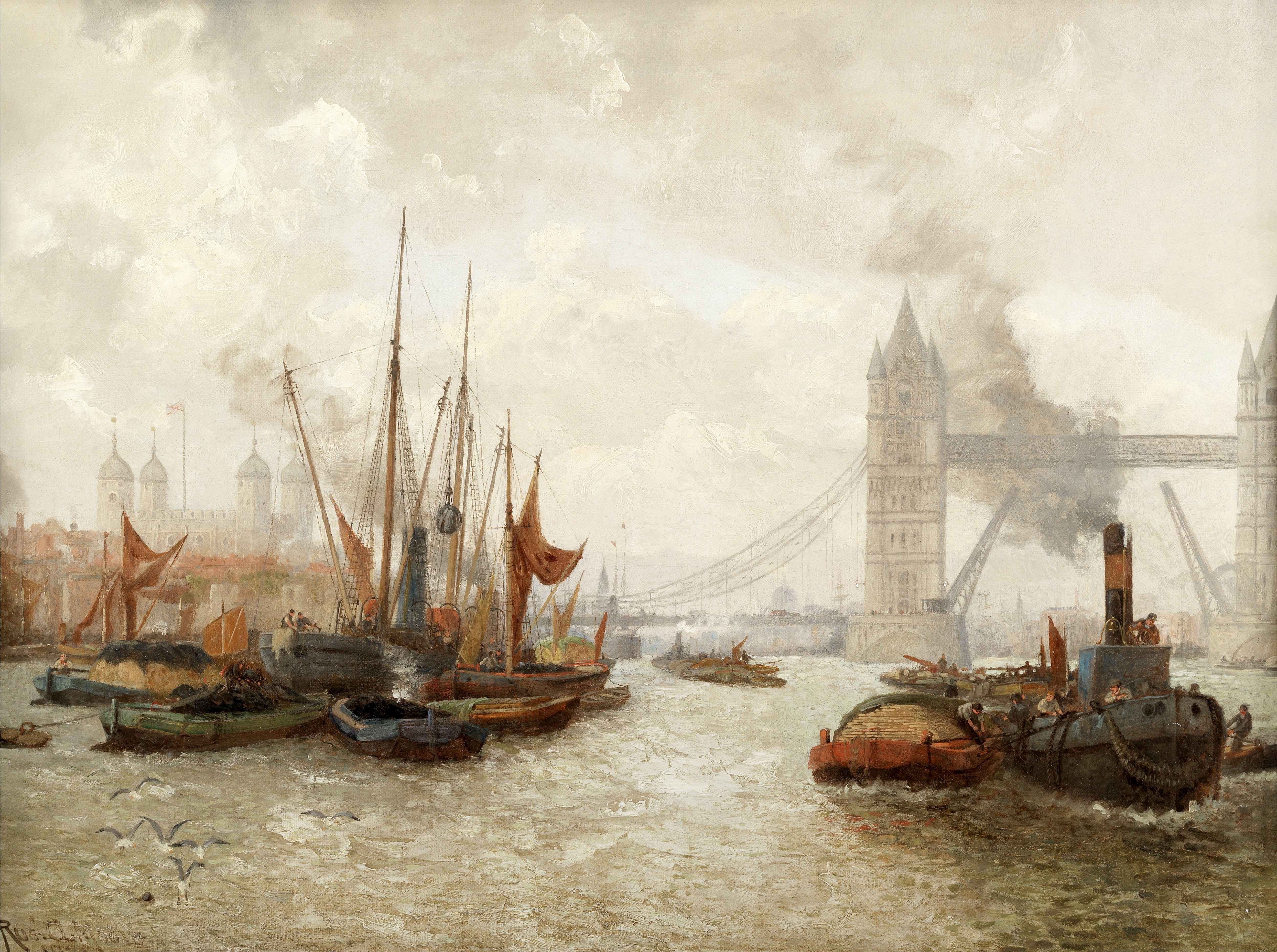 Rubens Arthur Moore (British, active 1881-circa 1933) A pair of views on the Thames: One towards ...