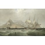 John Lynn (British, fl. 1826-1845) A frigate in two positions off Table Bay, Cape Town beyond