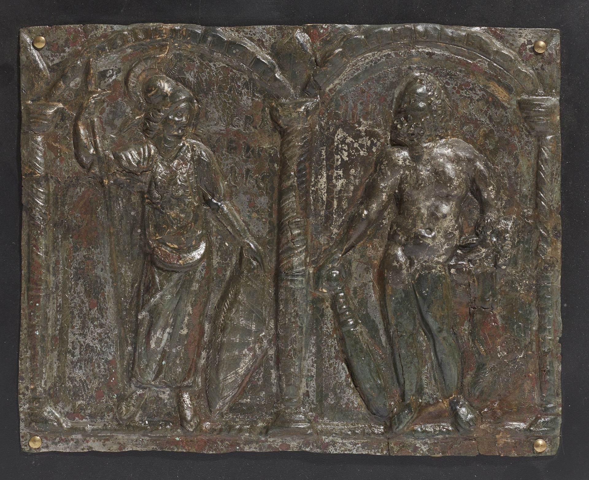 MINERVA ET HERACL&#200;S : RELIEF, BRONZE, ART ROMAIN, CIRCA IIE-IIIE S. AP. J.-C.