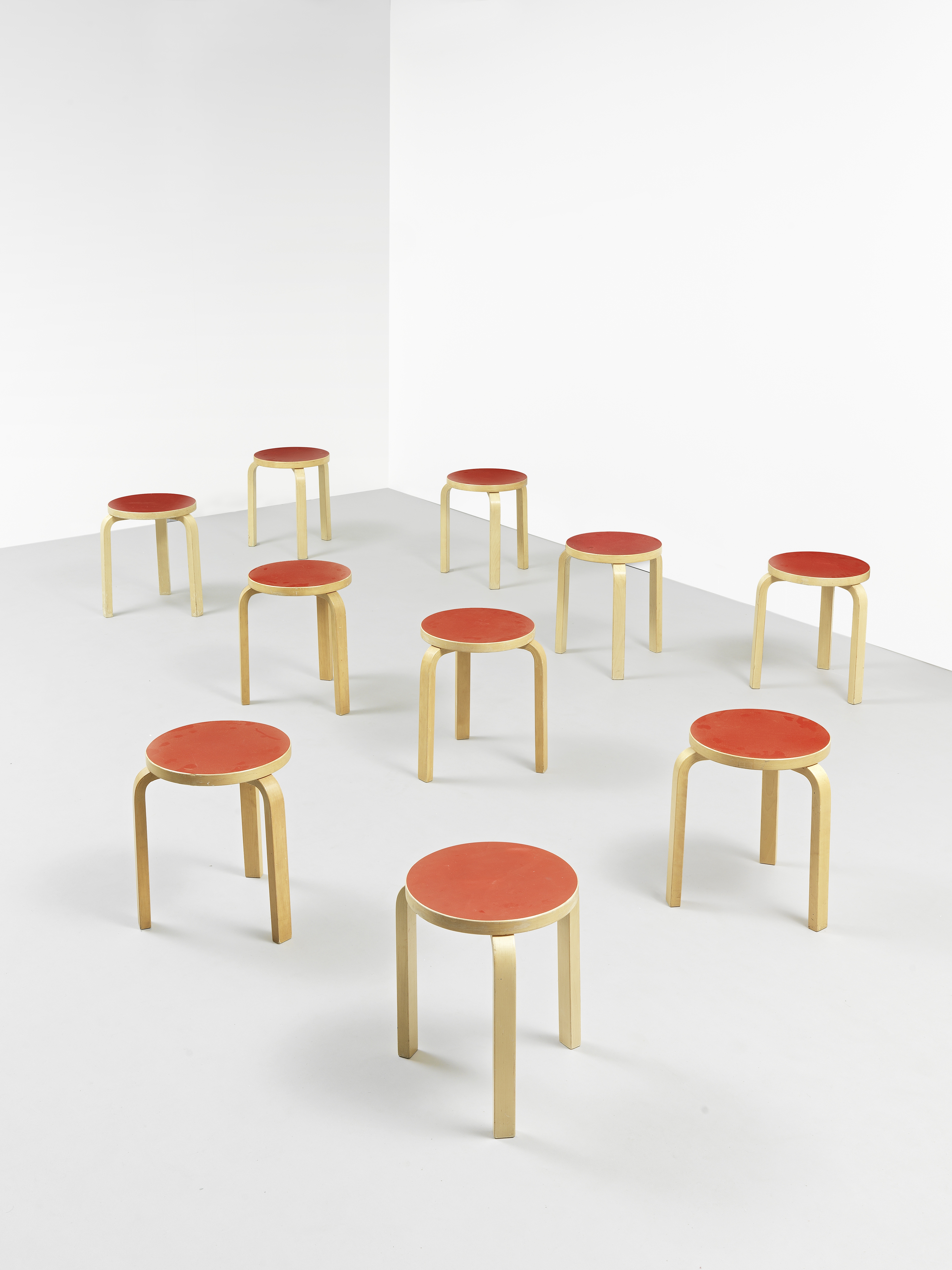 Alvar Aalto Group of ten 'L-leg' stackable stools, model no. 60-6, designed 1932-1933