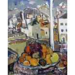 Irma Stern (South African, 1894-1966) A Still Life of Fruit with a Spanish City Beyond