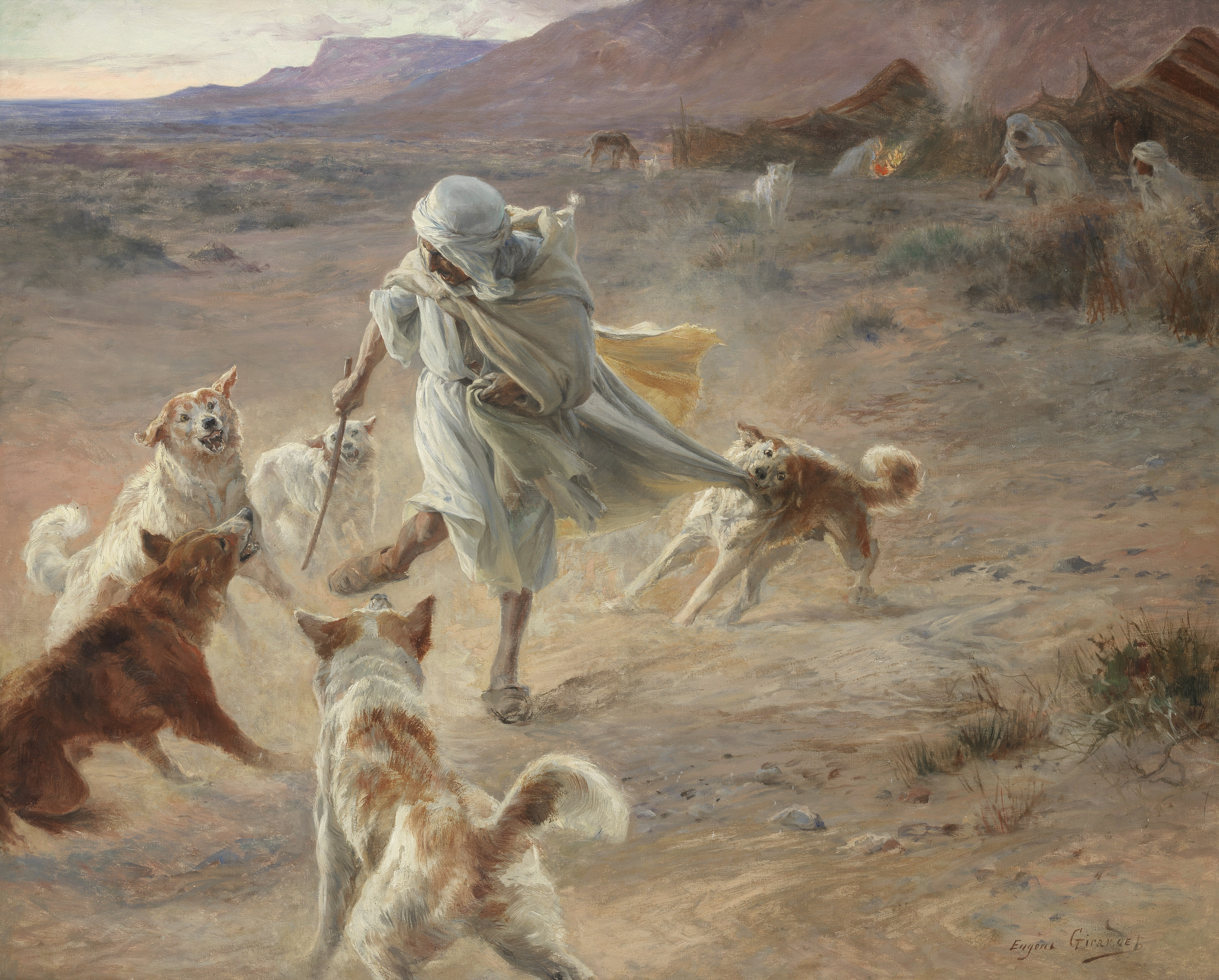 Eugene Alexis Girardet (French, 1853-1907) Nomade devant un campement, attaqu&#233; par des chiens