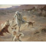 Eugene Alexis Girardet (French, 1853-1907) Nomade devant un campement, attaqu&#233; par des chiens