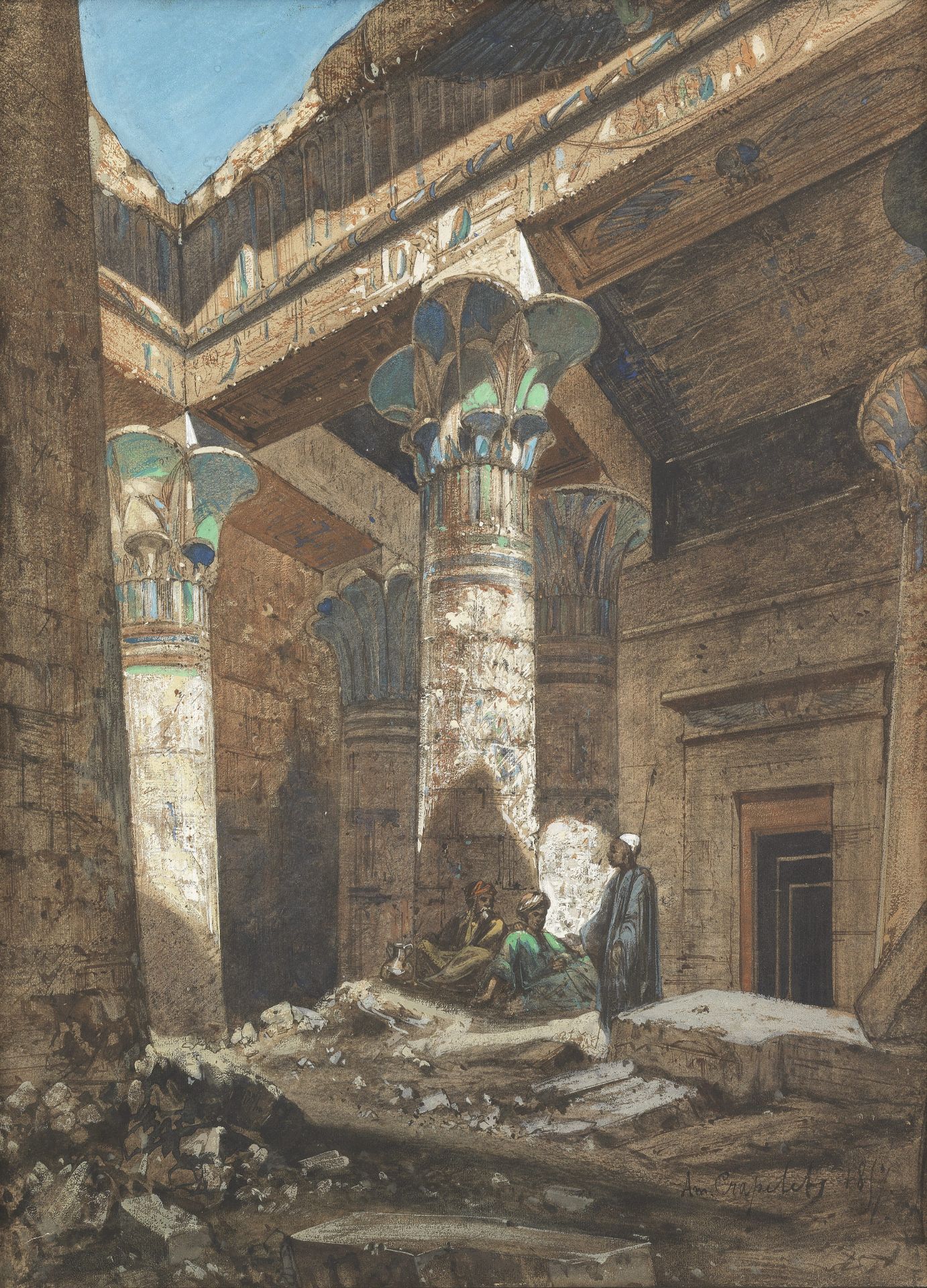 Louis Amable Crapelet (French, 1822-1867) Figures inside the Isis Temple at Philae