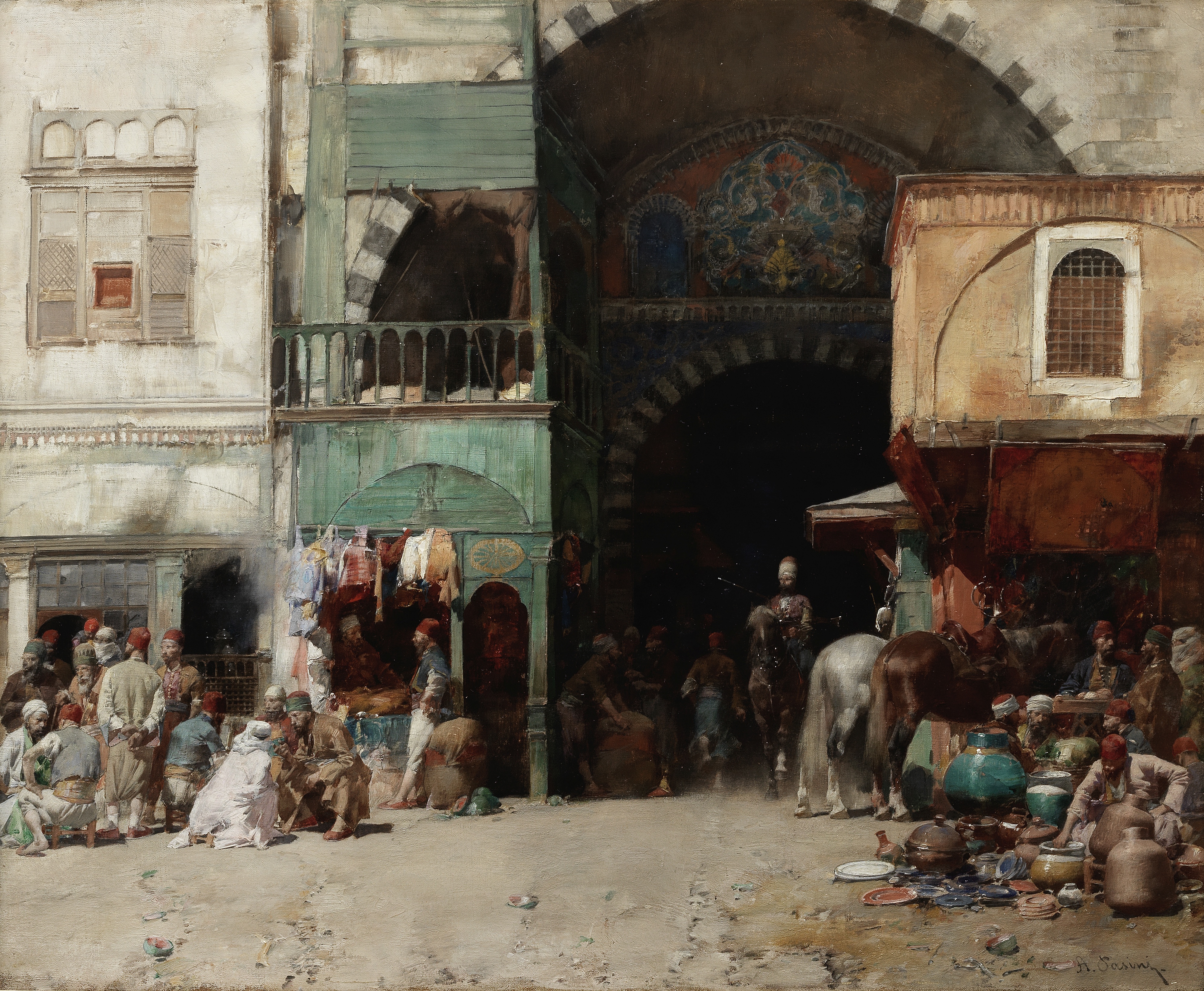 Alberto Pasini (Italian, 1826-1899) Marketplace at the Entrance to a Bazaar, Constantinople