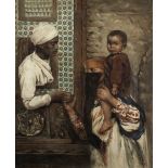 French School, circa 1900 Street scene with mother and child beside a window with a figure leanin...