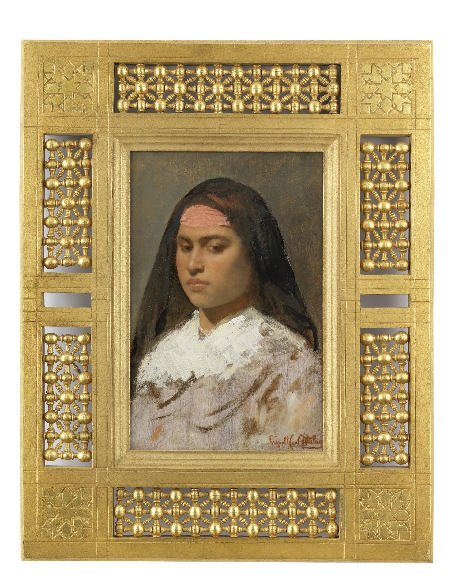 Leopold Carl M&#252;ller (German, 1834-1892) Portrait of a lady wearing a pink headband