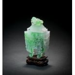 A SUPERB JADEITE ARCHAISTIC INCENSE BURNER AND COVER, FANGDING Qianlong seal mark, late Qing Dyna...