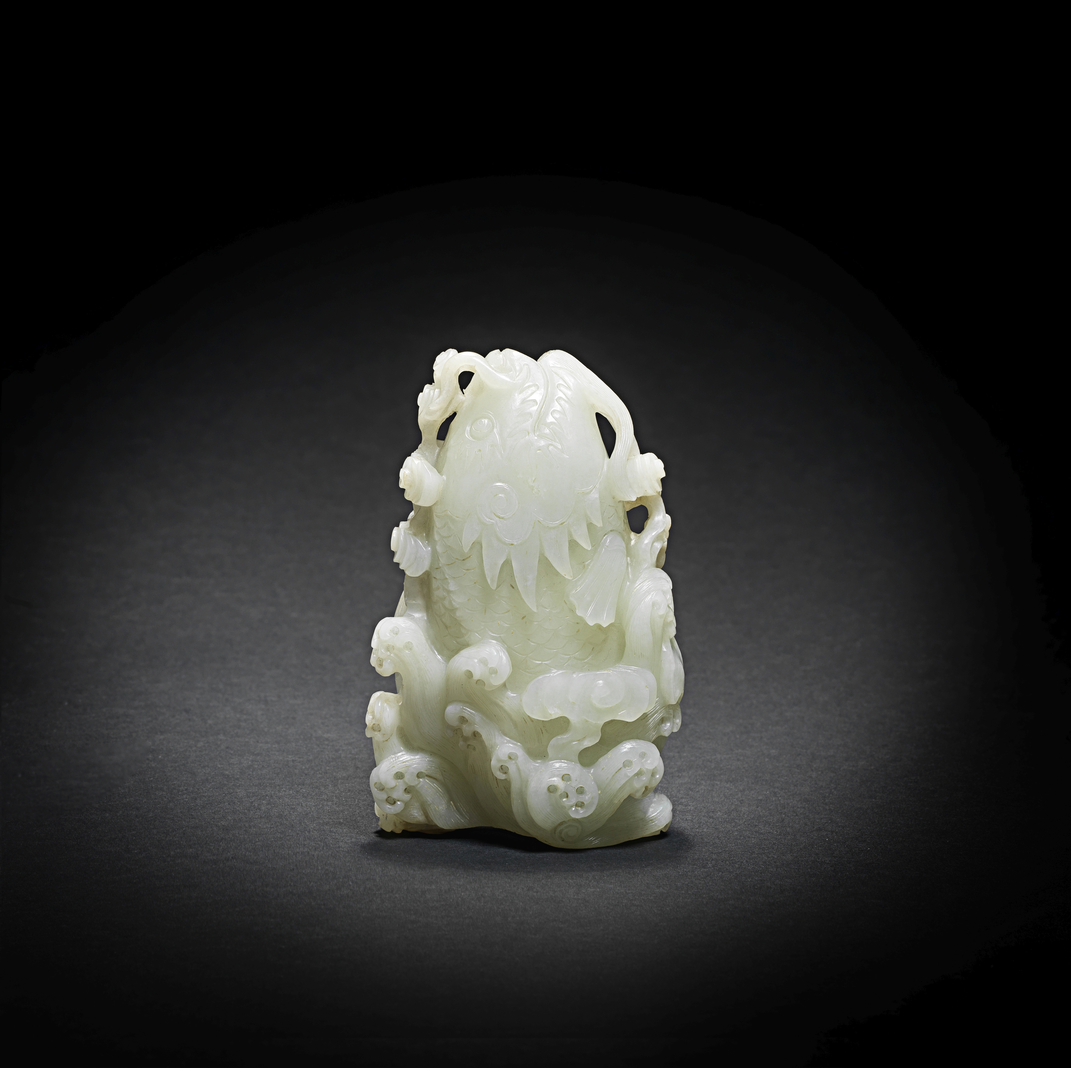 A VERY PALE GREEN JADE 'LEAPING CARP' VASE Qianlong (2)