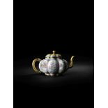 AN EXCEPTIONALLY RARE AND IMPORTANT IMPERIAL BEIJING ENAMEL MELON-SHAPED TEAPOT AND COVER Qianlon...