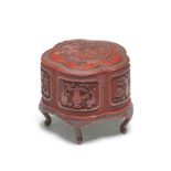 AN EXTREMELY RARE IMPERIAL CINNABAR AND TIANQI LACQUER CARVED 'PLUM BLOSSOM' 'PICNIC' BOX SET, CO...