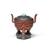 A RARE CINNABAR LACQUER CARVED TRIPOD INCENSE BURNER, DING Qianlong (3)