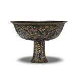 A VERY RARE GILT AND BROWN LACQUER 'PHOENIX AND CHILONG' STEM BOWL 15th/16th century