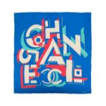 A BLUE AND PINK GEOMETRIC LOGO SILK SCARF Chanel