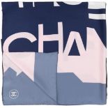 A BLUE AND PINK SKYLINE SILK SCARF Chanel