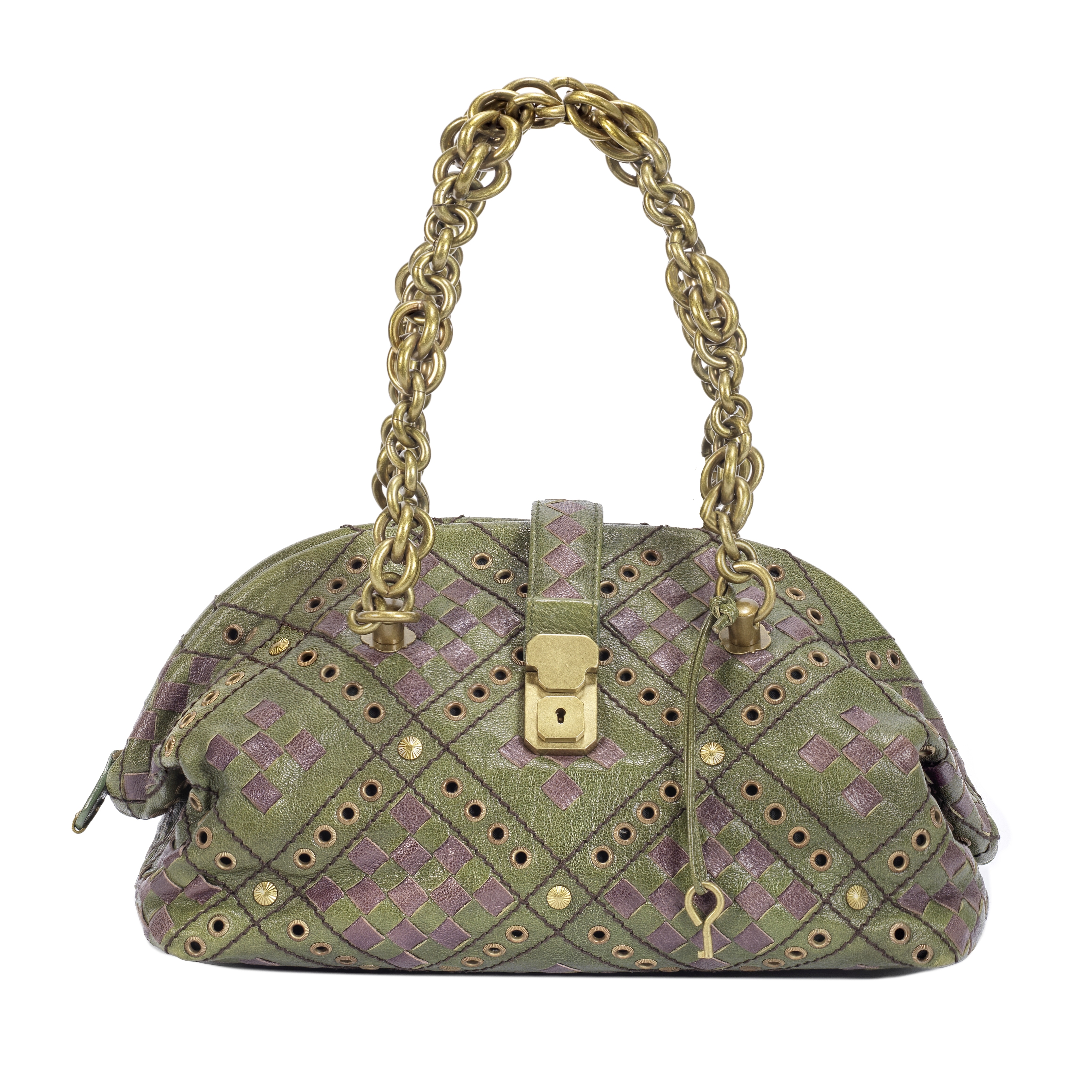 A GREEN AND PURPLE INTRECCIATO BOWLING BAG Bottega Veneta (includes a key)