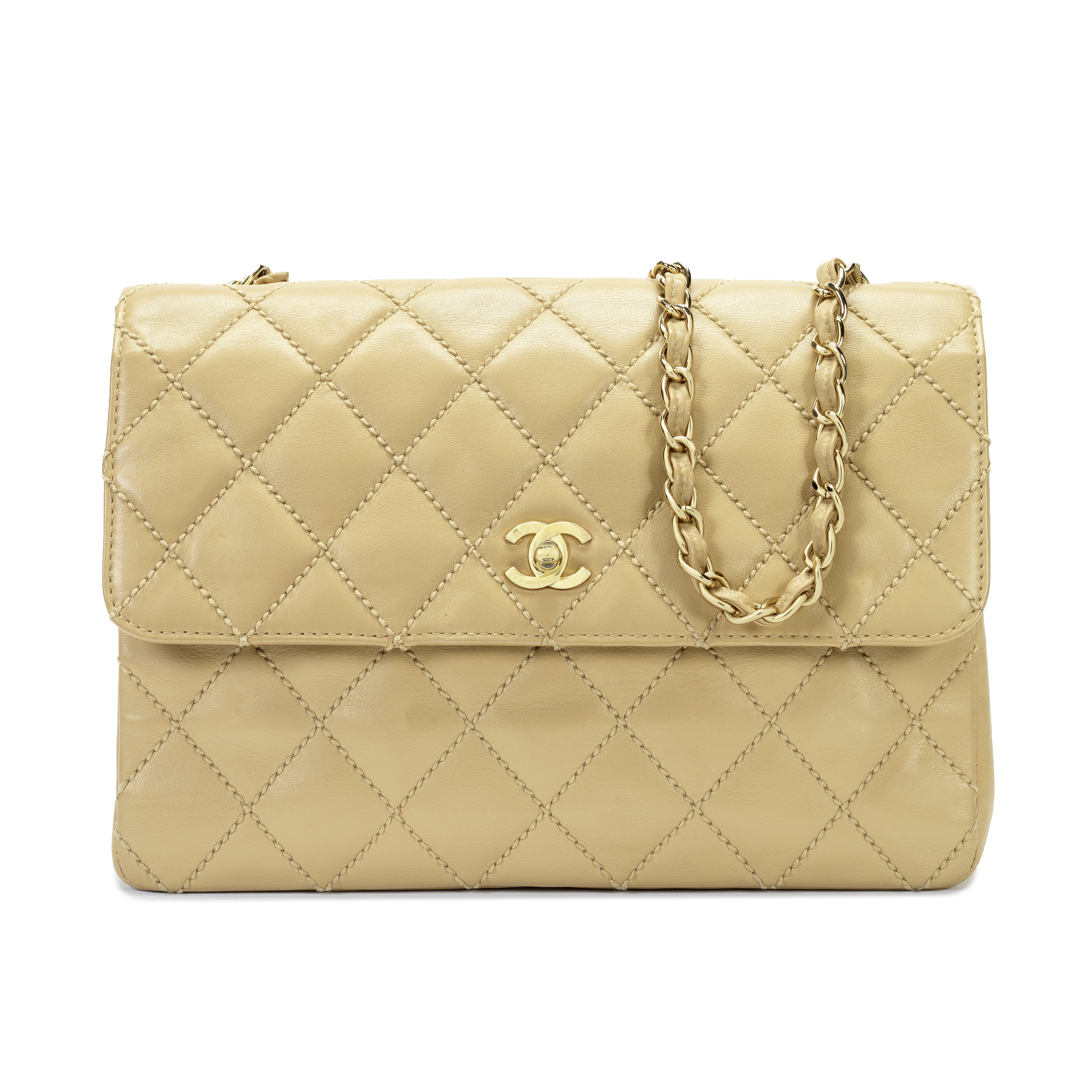 A BEIGE CALFSKIN WILD STITCH JUMBO SINGLE FLAP BAG Chanel, 2002-03 (includes serial sticker and a...