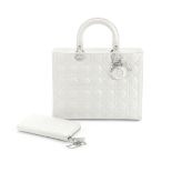 A WHITE PATENT LEATHER LARGE LADY DIOR BAG AND WALLET Christian Dior, 2010 (includes shoulder str...