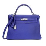 A BLEU ELECTRIQUE CL&#201;MENCE LEATHER RETOURN&#201; KELLY 32 Herm&#232;s, 2014 (includes padloc...