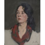 Samuel John Peploe RSA (British, 1871-1935) The red scarf, portrait of Jeannie Blyth 41.5 x 34 cm...