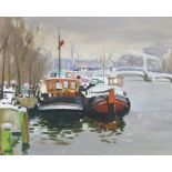 Norman Edgar (British, born 1948) Barges, Amsterdam 45.7 x 55.9 cm. (18 x 22 in.)