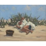 Jack Hoggan (Vettriano) (British, born 1951) On the Dunes 25.5 x 30.5 cm. (10 1/16 x 12 in.)