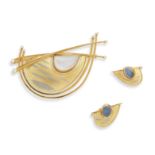 A moonstone & diamond brooch and earrings by Graham Stewart