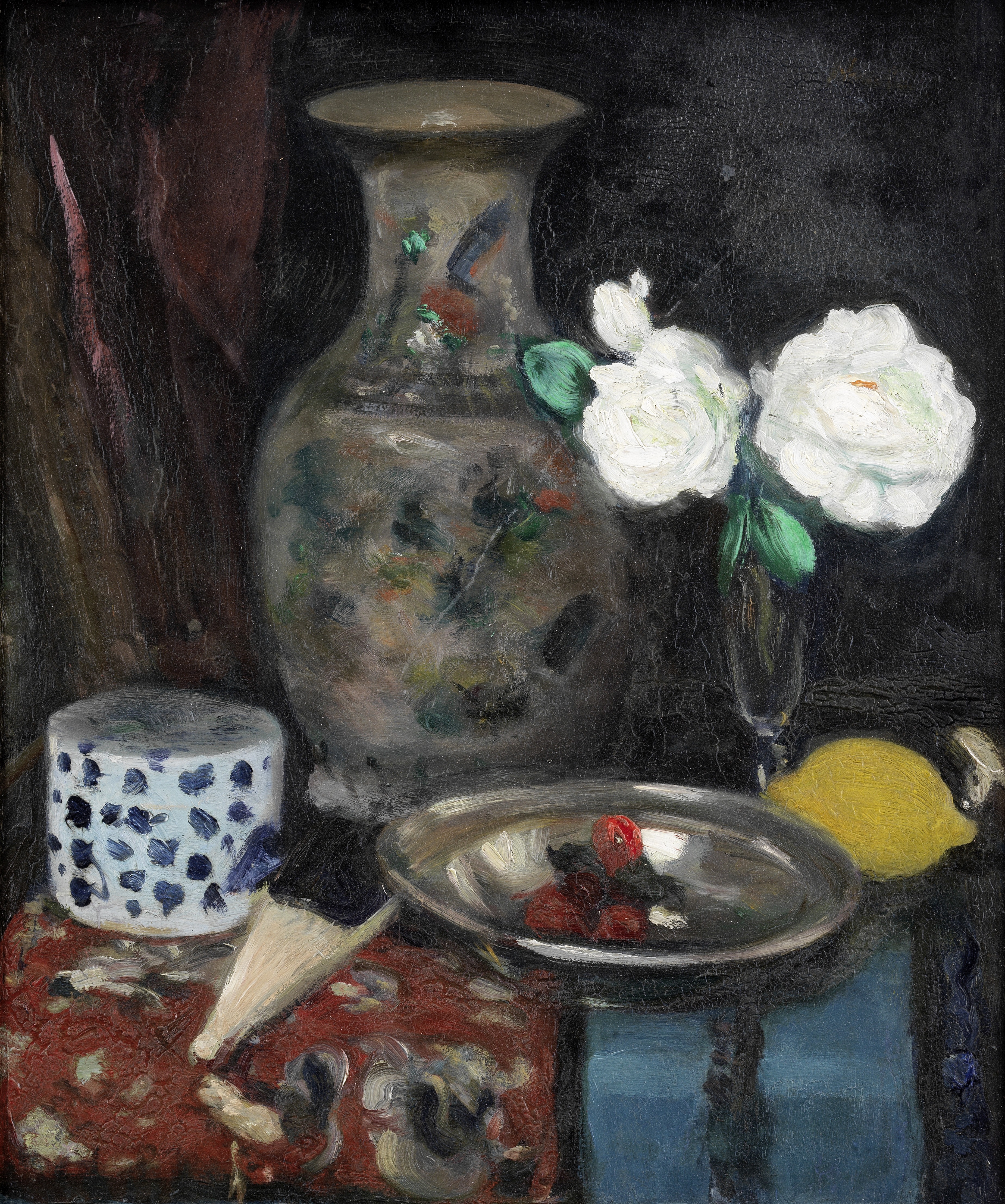 George Leslie Hunter (British, 1877-1931) Still Life with a Chinese Vase and White Roses 56 x 48 ...