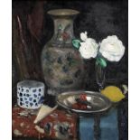 George Leslie Hunter (British, 1877-1931) Still Life with a Chinese Vase and White Roses 56 x 48 ...