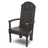 A oak Cacqueteuse chairDated 1620, possibly Fife