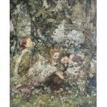 Edward Atkinson Hornel (British, 1864-1933) Lily pond with swans 117 x 101 cm. (46 1/16 x 39 3/4 ...