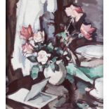 Samuel John Peploe RSA (British, 1871-1935) Still life with roses and an open book 55.9 x 50.8 cm...
