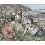 Edward Atkinson Hornel (British, 1864-1933) Wearing Spring Garland 64 x 77 cm. (25 3/16 x 30 5/16...