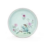 A FAMILLE ROSE CELADON-GROUND 'QUAILS' DISH Qianlong minyao seal mark and of the period