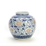 A BLUE AND WHITE AND COPPER RED 'LOTUS' JAR 18th century