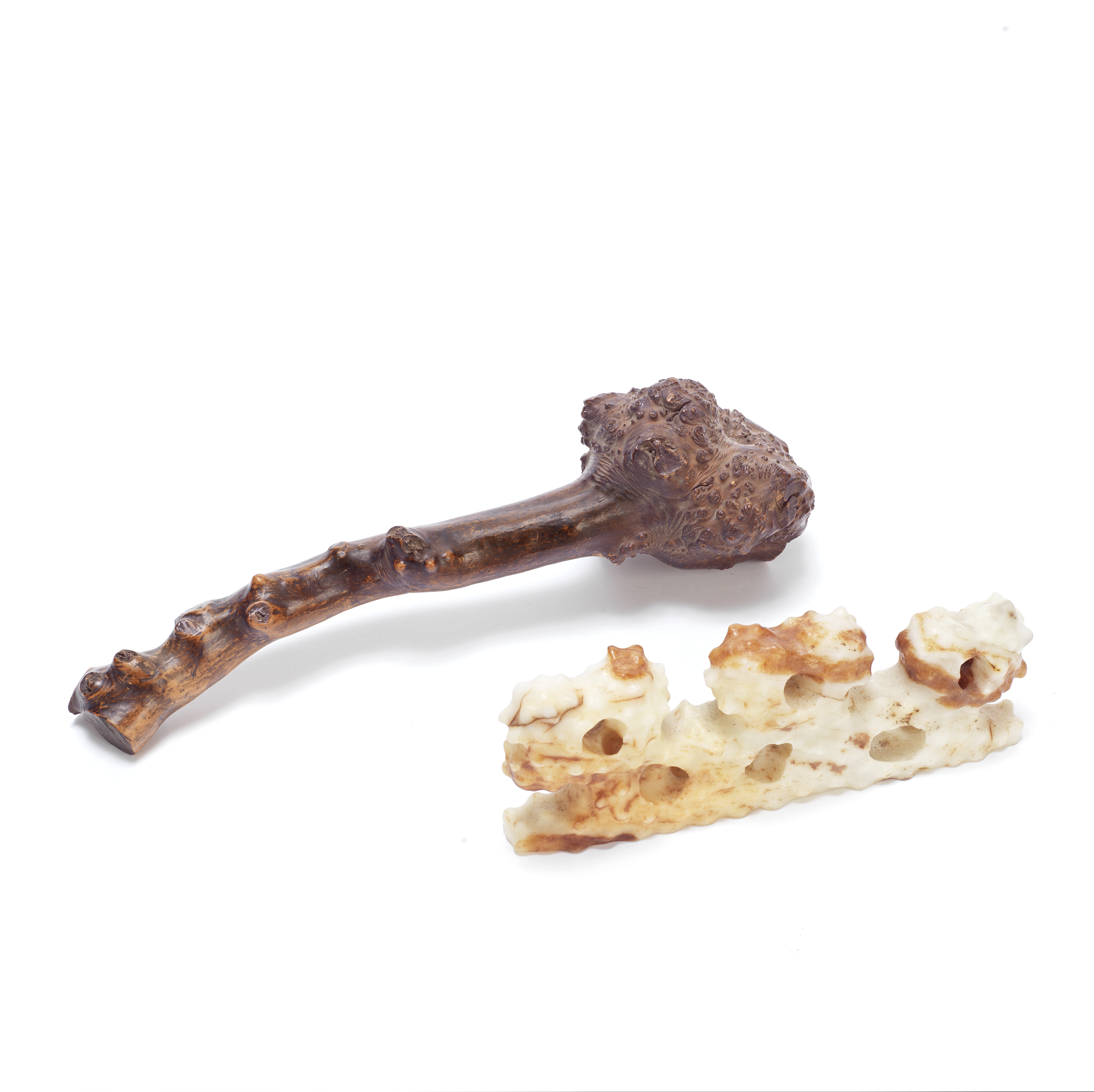 A ROOTWOOD BRUSH REST, PROBABLY HUANGHUALI, AND A MOTTLED WHITE AND RUSSET JADE BRUSH REST The ro...