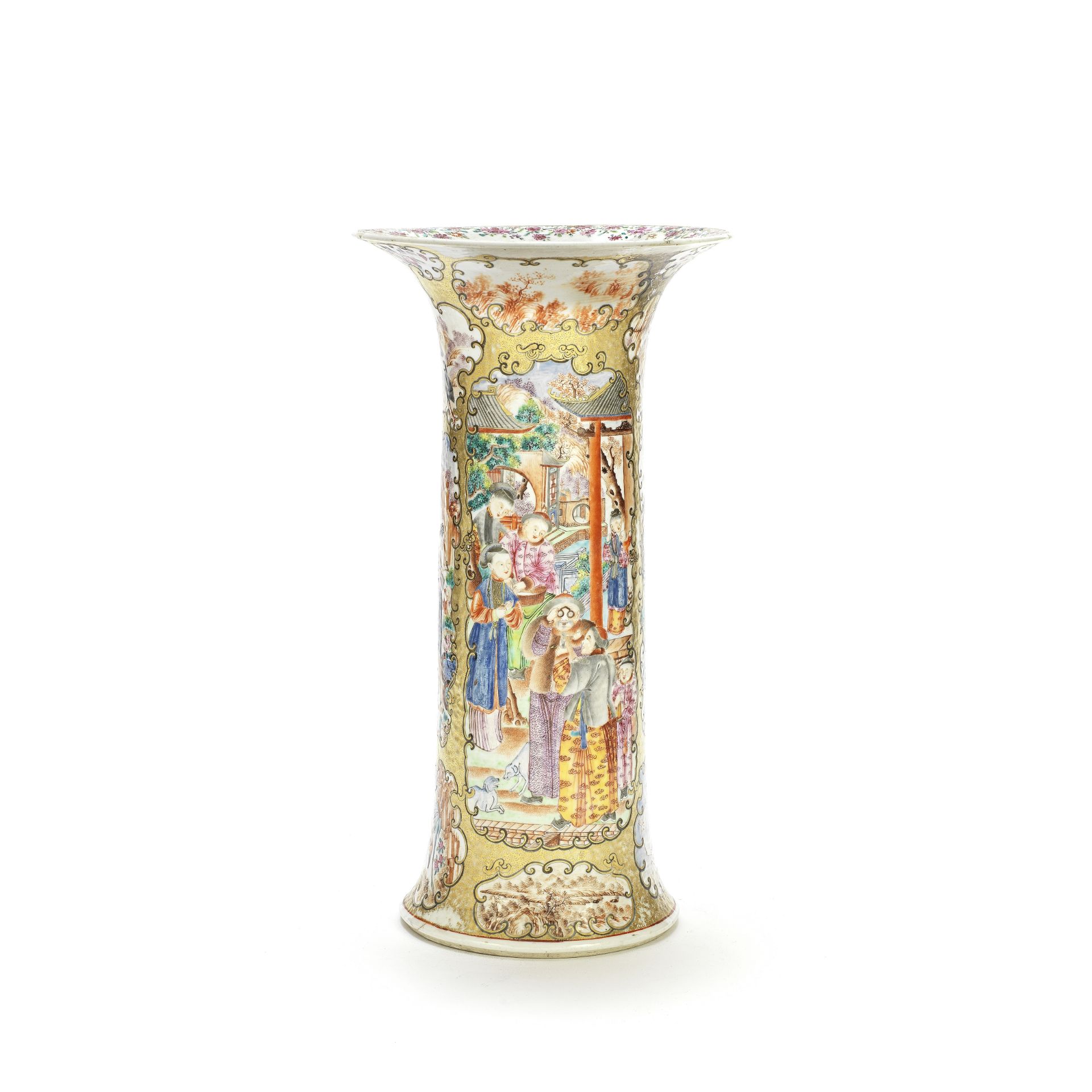 A FAMILLE ROSE GILT-GROUND TRUMPET VASE 18th century (2)