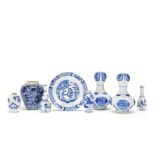 A VARIED GROUP OF BLUE AND WHITE PORCELAIN VASES AND A DISH Kangxi (8)