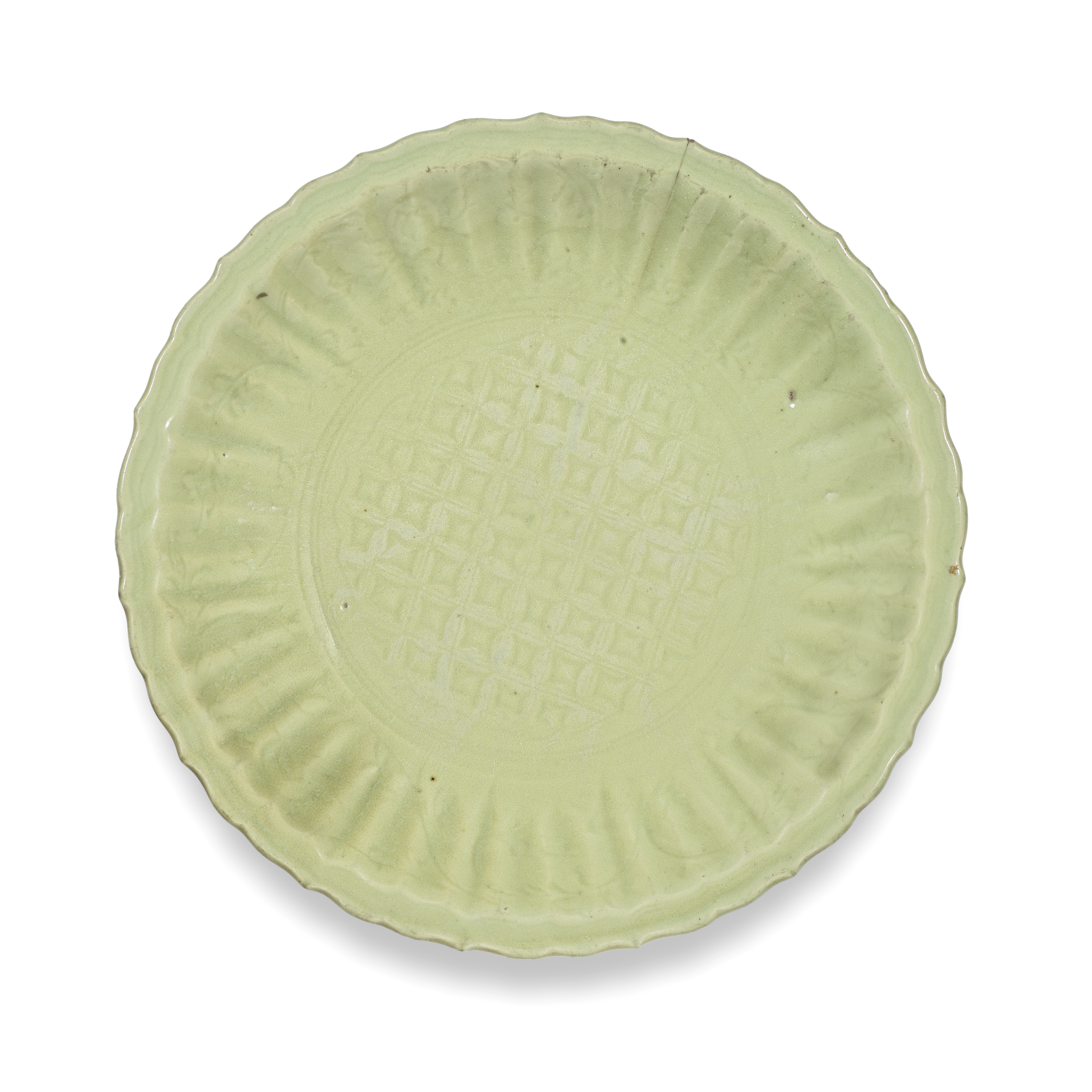 A LONGQUAN CELADON-GLAZED 'BASKET WEAVE AND LOTUS SCROLLS' BARBED-RIM DISH 15th century