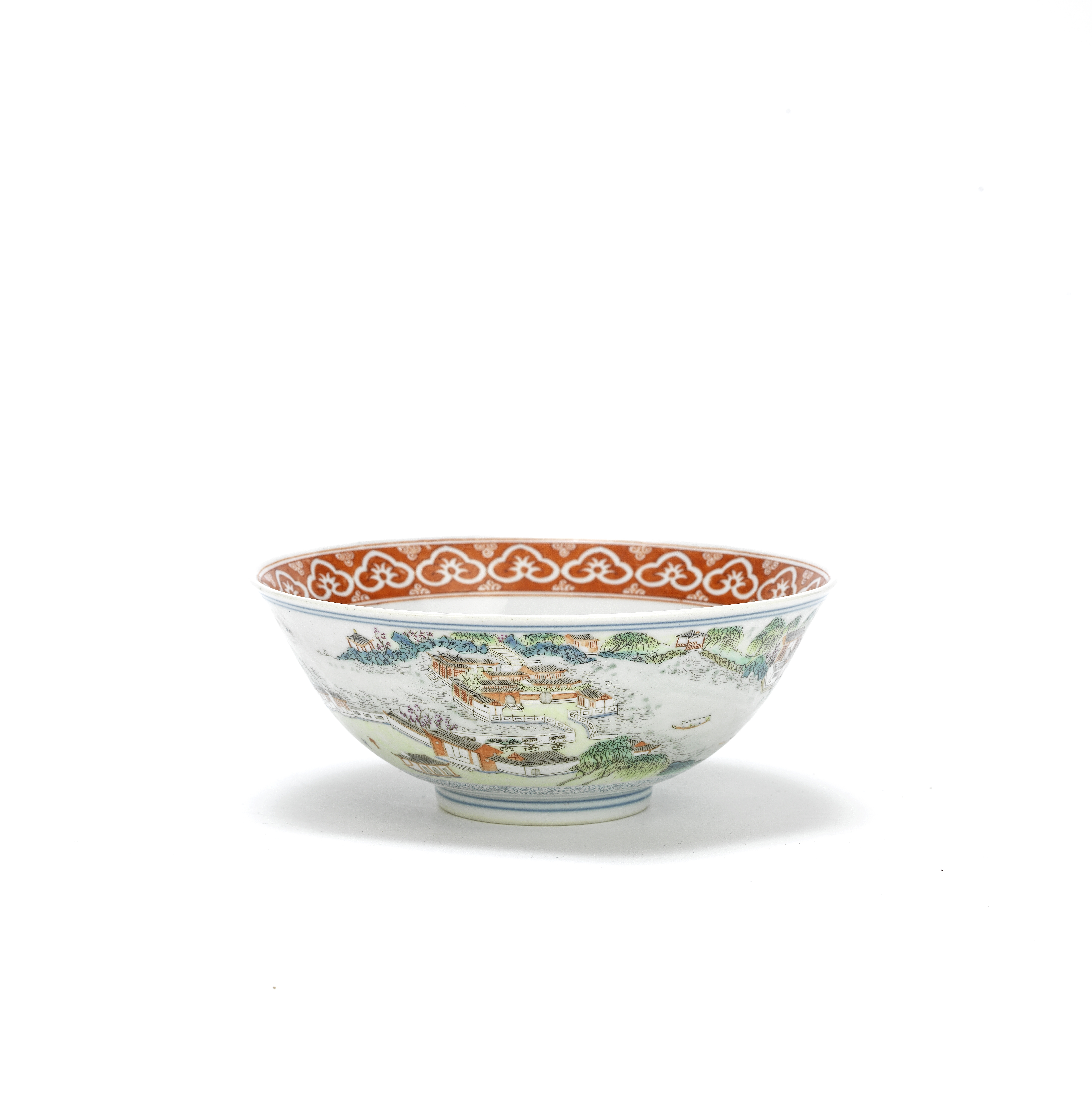 AN ENAMELLED 'TEN VIEWS OF JIANGXI PROVINCE' BOWL Iron-red Jiaqing seal mark and of the period