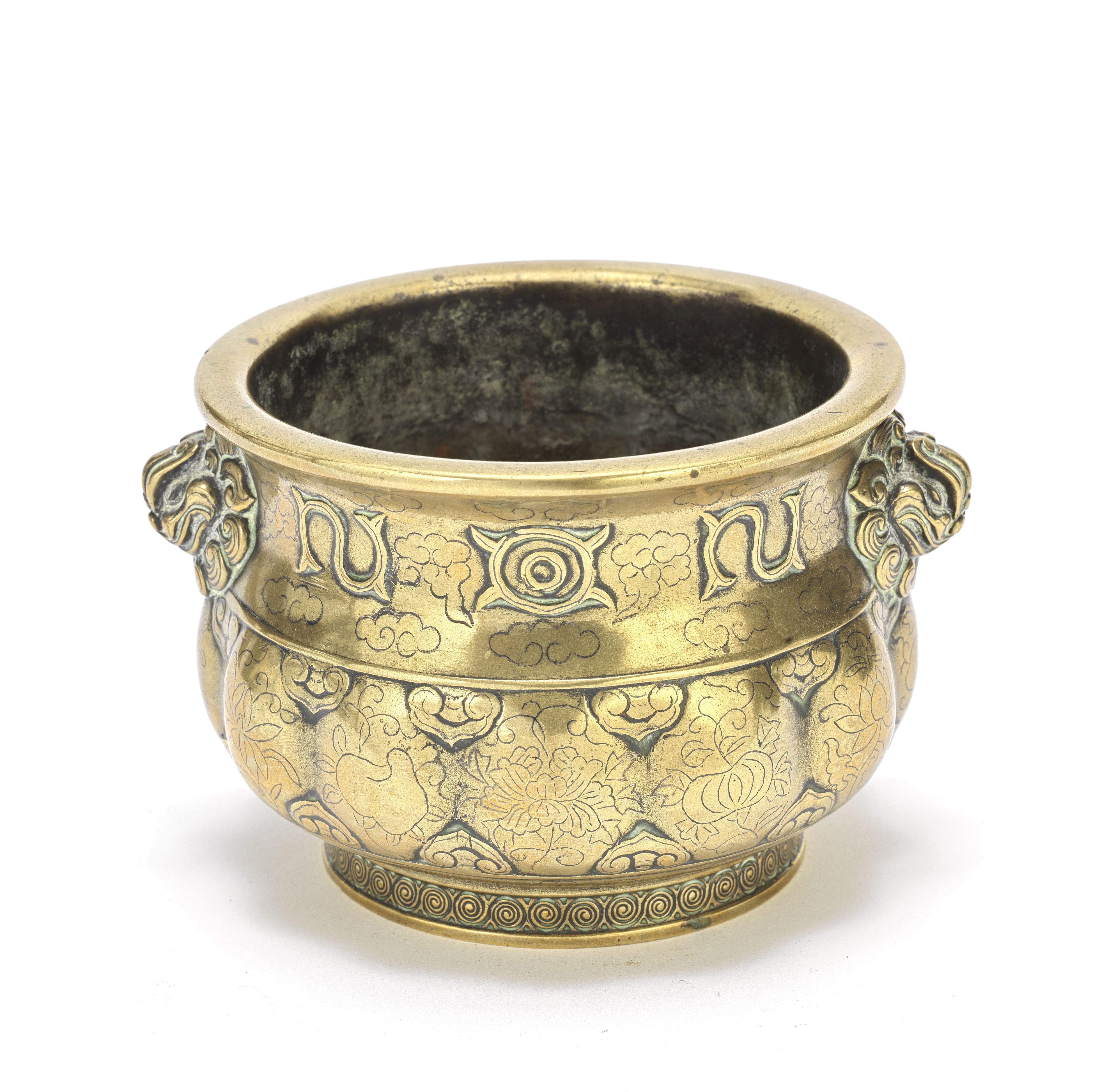 A SILVER-INLAID GILT-BRONZE LOBED INCENSE BURNER 18th century