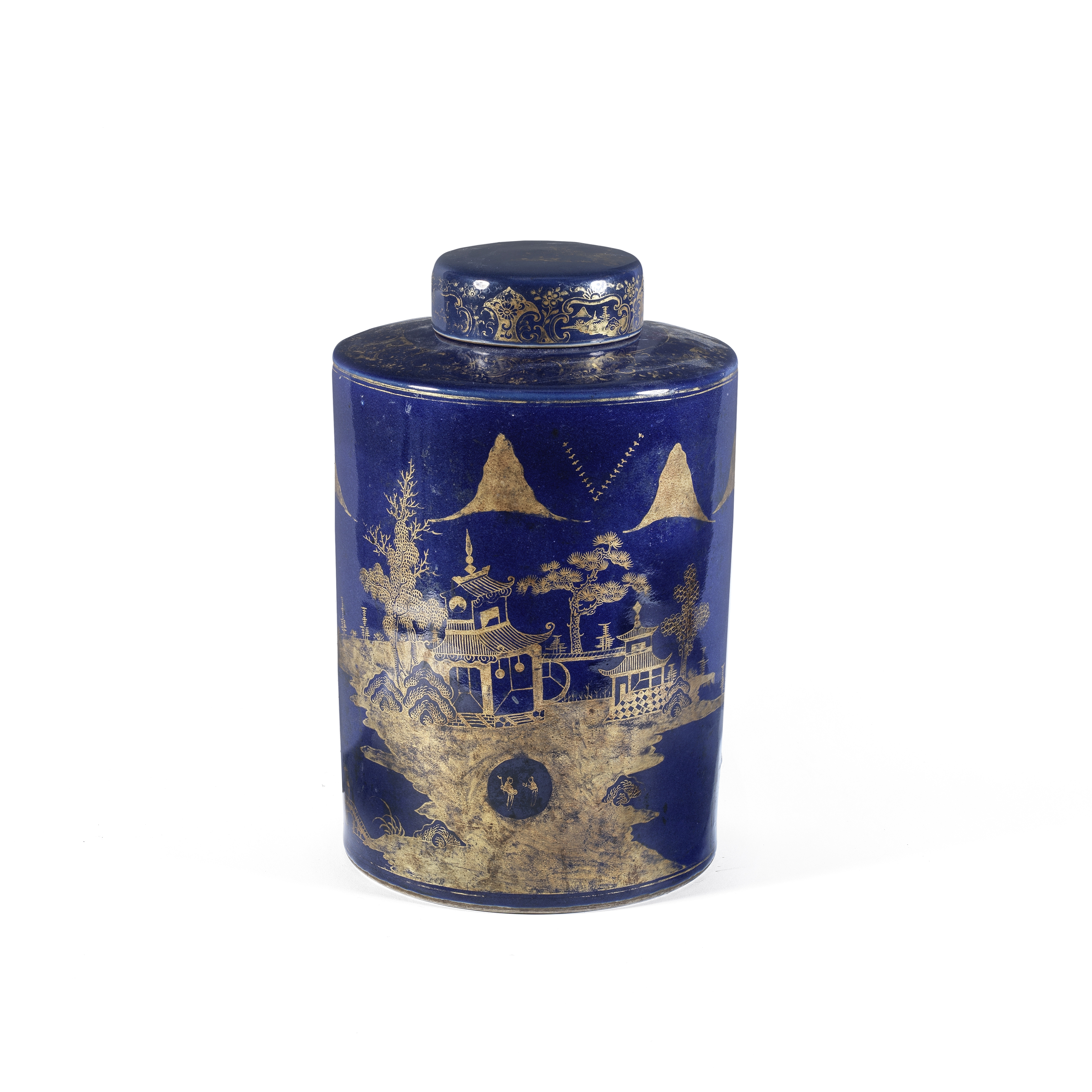 A LARGE GILT-DECORATED BLUE GROUND 'LANDSCAPE' TEA CADDY 18th century (2)