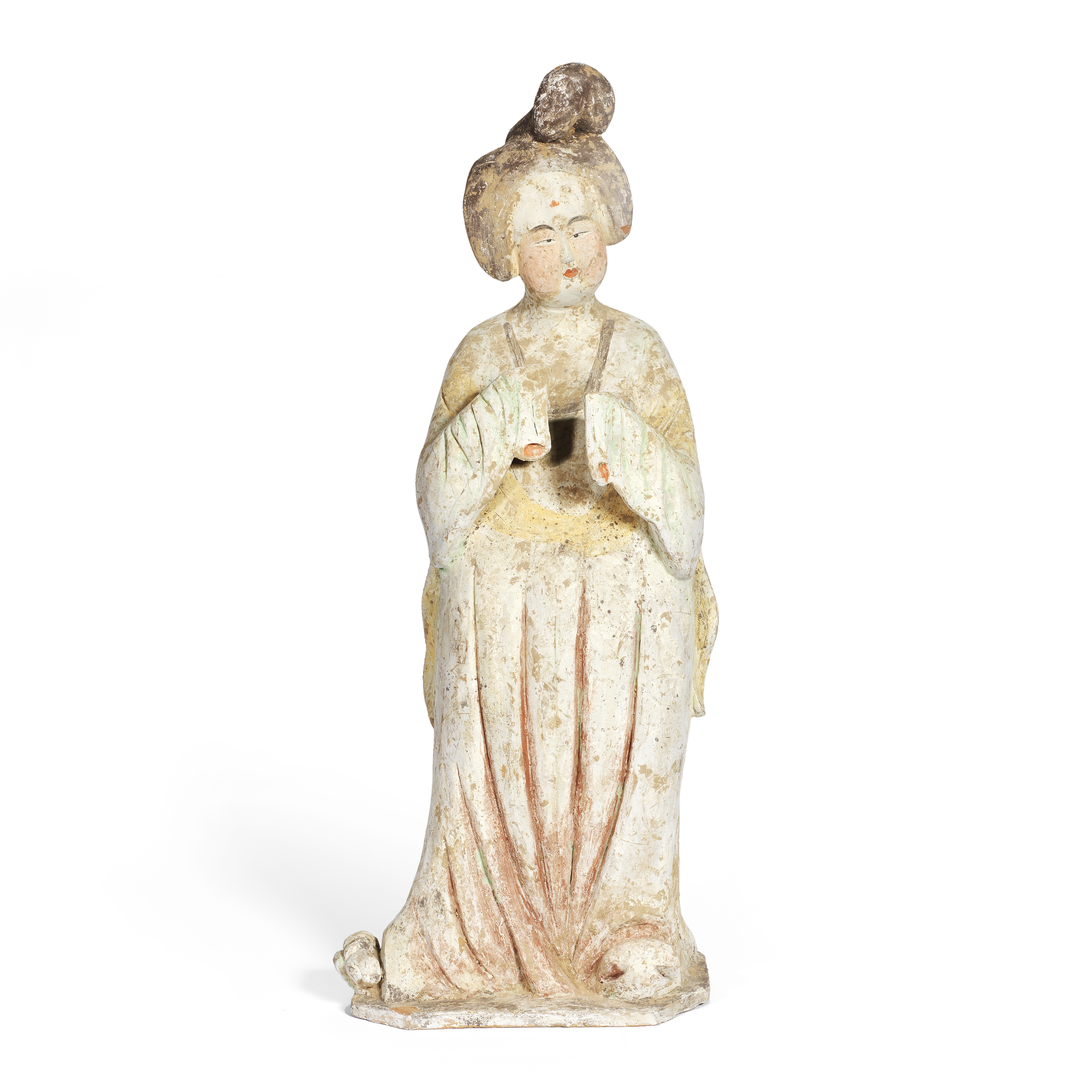 A FINE AND LARGE PAINTED POTTERY FIGURE OF A COURT LADY Tang Dynasty