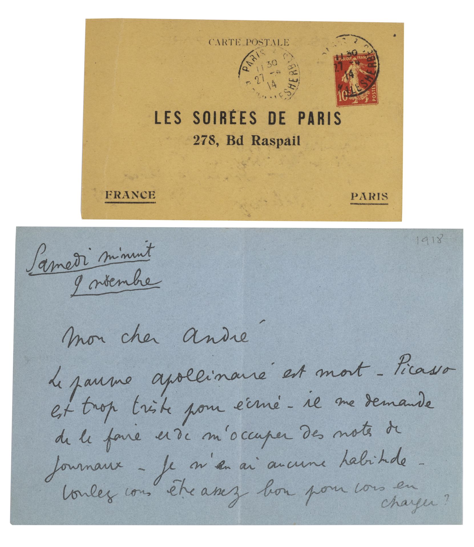 JEAN COCTEAU (1889-1963) Lettre autographe adress&#233;e &#224; Andr&#233; Gide(?) &#233;vocant l...