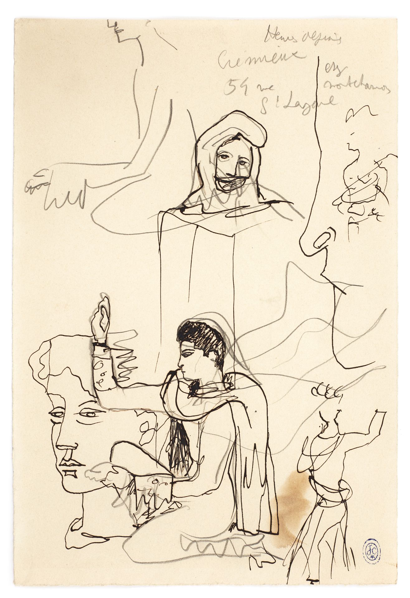 JEAN COCTEAU (1889-1963) Composition autour de la Machine Infernale ( recto); Profil de femme (ve...