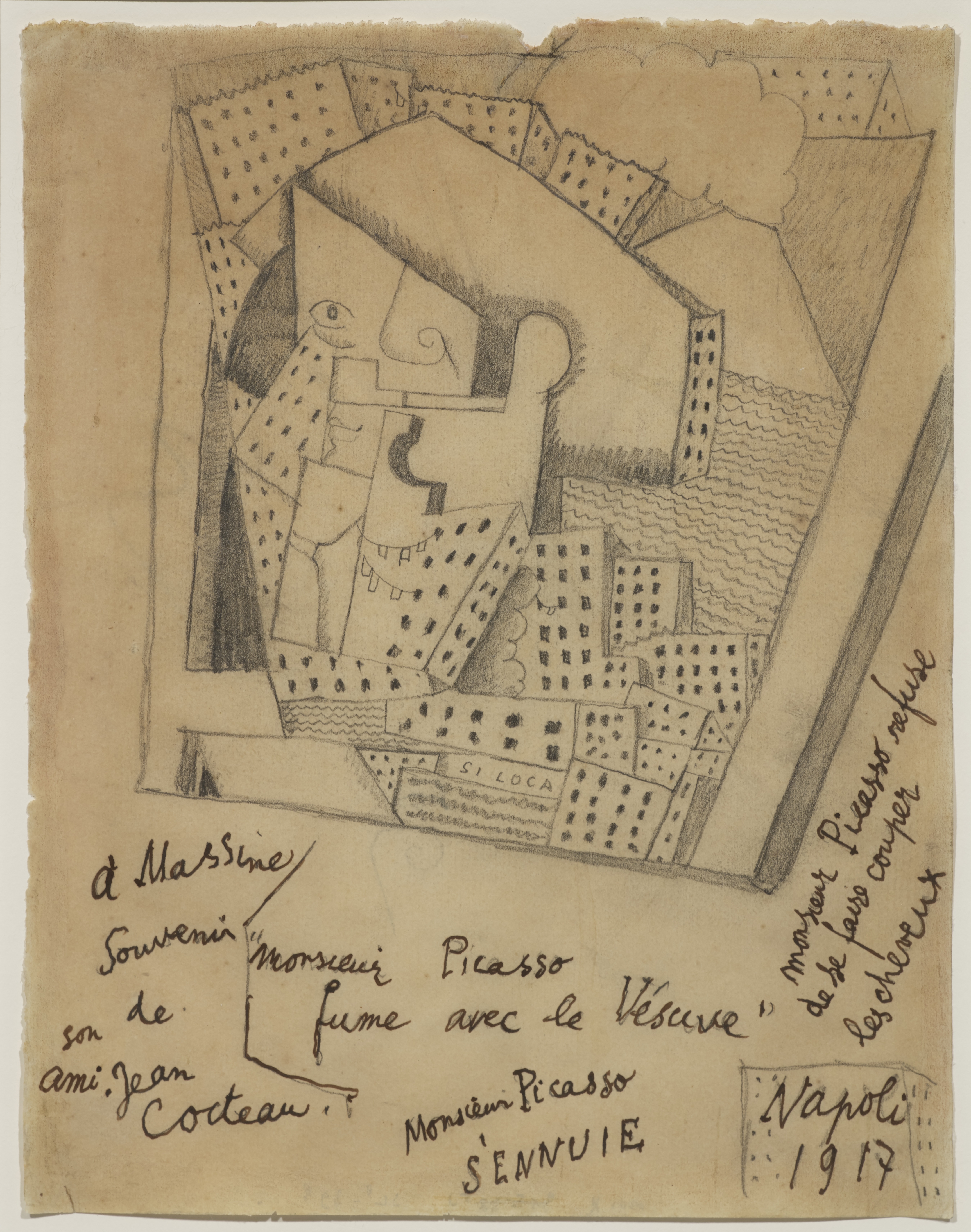 JEAN COCTEAU (1889-1963) Portrait de Picasso-cubiste (signed, dated and dedicated &#224; Massine ...