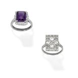 AMETHYST AND DIAMOND RING AND A DIAMOND PLAQUE RING (2)