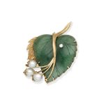 AVENTURINE QUARTZ, CULTURED PEARL AND DIAMOND LEAF BROOCH